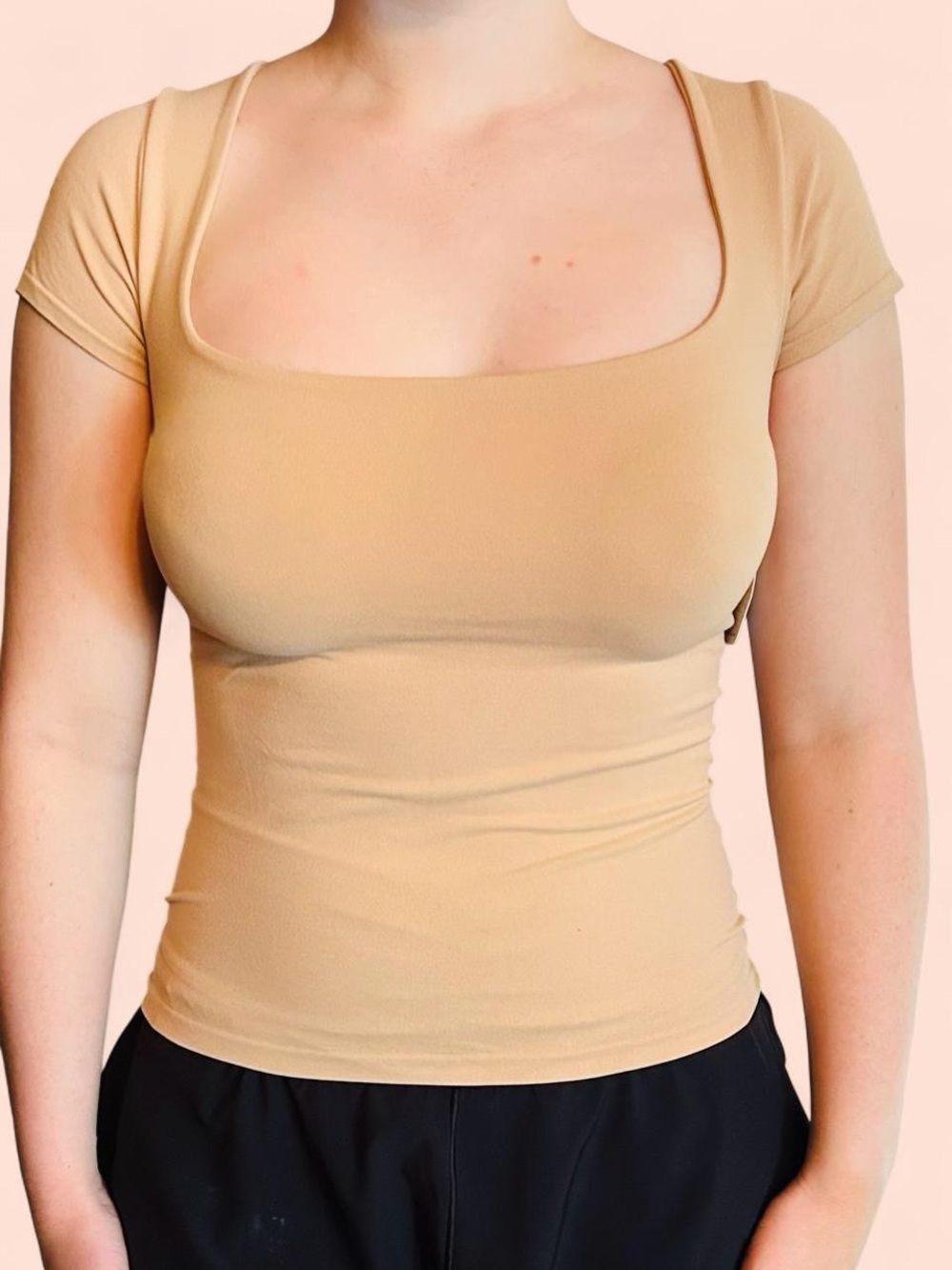 Intimately Free People tan short-sleeve tee with a distinct square neckline